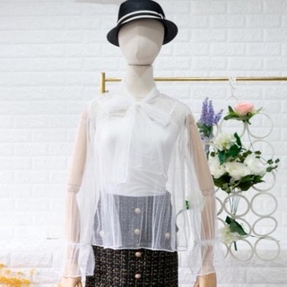 1-021 เสื้อตาข่าย คอผูกโบว์ ใส่ได้หลายสไตล์ สวยหรู เกินราคา เนื้อผ้านิ่ม