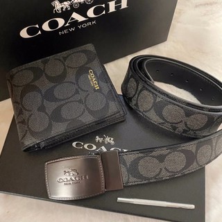 COACH Short Wallet with Belt Set Signature  เซทสุดคุ้มค่ะได้ทั้งเข็มขัดและกระเป๋าสตางค์แบบพับ 2 ตอน