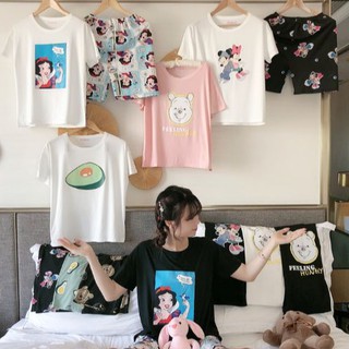 (พร้อมส่ง🎉) ชุดนอนผ้าคอตตอล คอกลม เสื้อ+กางเกง ลายการ์ตูน ขายาว