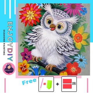 ครอสติสคริสตัล 5d diy diamond painting แบบเม็ด ลาย นกฮูกดอกไม้ ติดเต็ม เม็ดกลม มีประกันเม็ดสี EnjoyDIY พร้อมส่งจากไทย