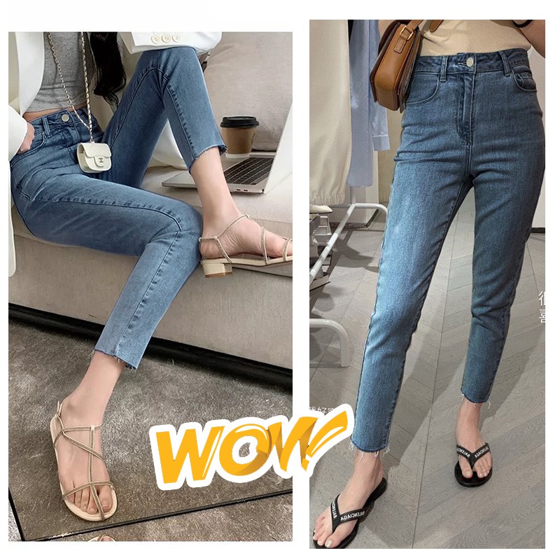 Women's New Korean-Style Retro Vintage Jeans High-Waist Slimกางเกงยีนส์ยางยืดผู้หญิง คุณภาพดีเกินราคา