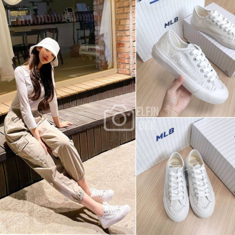 แท้ 💯 [Sale ตำหนิกล่อง] MLB Playball Mono Mesh รองเท้าลำลอง รองเท้าผ้าใบ ผ้าโปร่ง สีขาว NY ขาว/ทอง