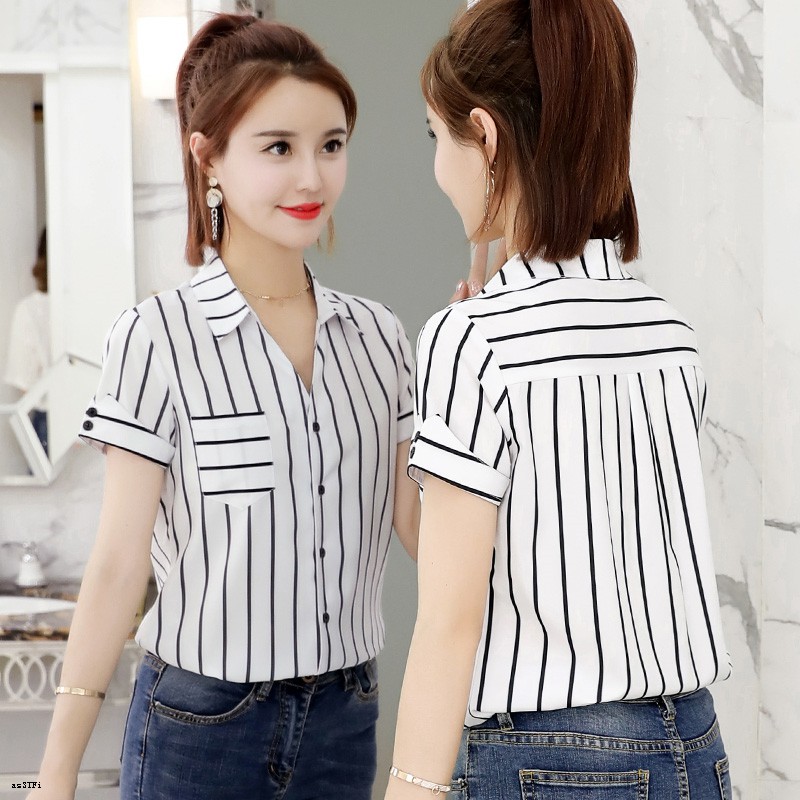 เสื้อเชิ้ตแขนสั้น คอวี ผ้าชีฟอง ทรงหลวม ลายทาง สไตล์เกาหลี แฟชั่นฤดู ...