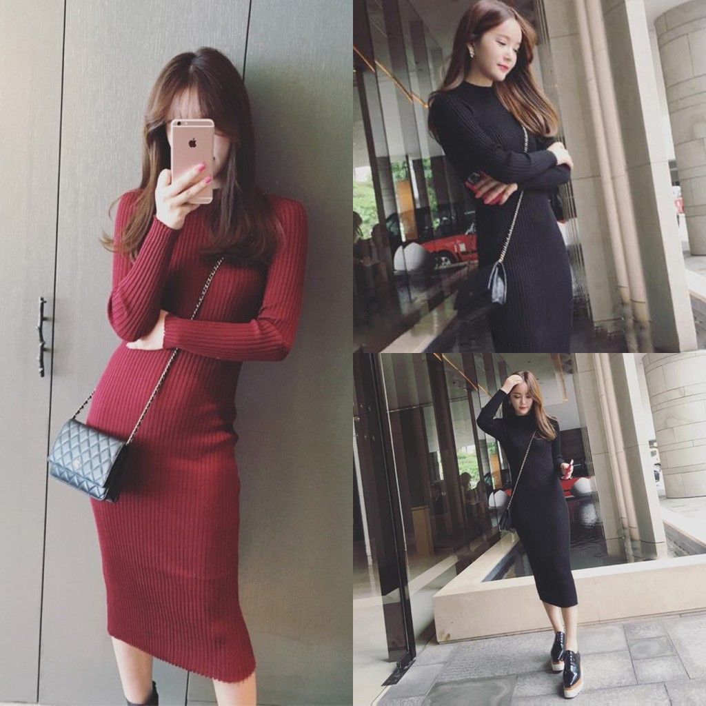 ราคาถูกที่สุด ชุดเดรสไหมพรมผ้าร่อง คอเต่าแขนยาว ทรงสวยเข้ารูป ผ้ายืดได้เยอะมาก แฟชั่นฤดูหนาวสไตล์เกาหลี