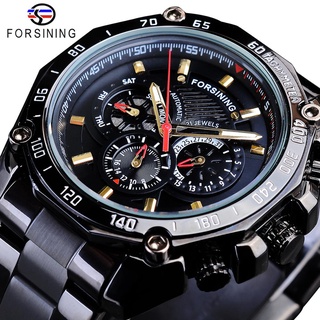 Forsining Relogio Masculino Mens Automatic Watches Sport Casual Waterproof 3 Dial Calendar Mechanical Stainless Steel Ba