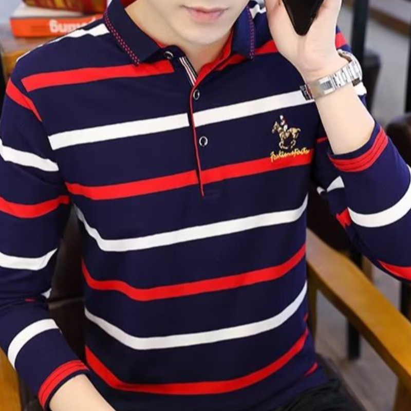 เสื้อแจ็กเก็ตโปโล แขนยาว คอปก ลายทาง สไตล์เกาหลี นักธุรกิจ สําหรับผู้ชาย