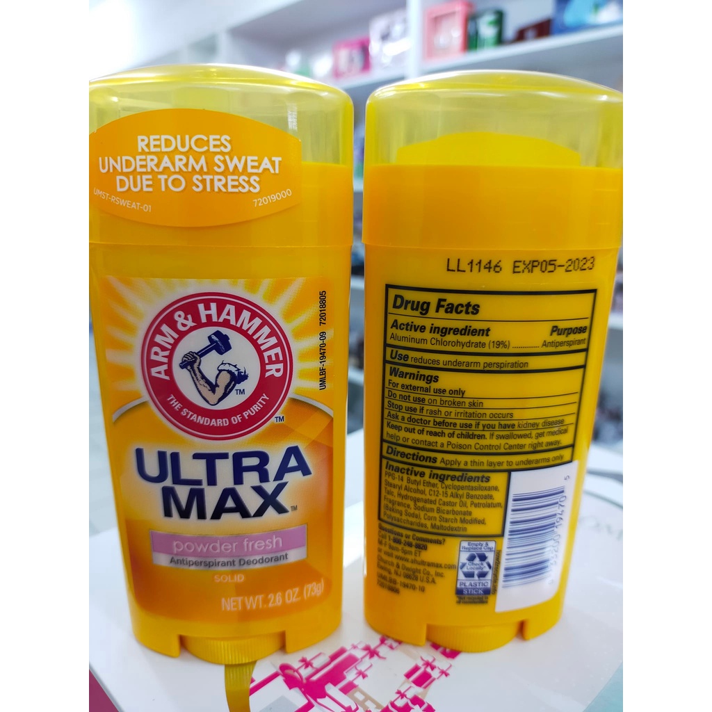 ทารักแร้ 73 กรัม Arm & Hammer ultra max for woman โรลออน แบบสติ๊ก ผู้หญิง แบบ unscented ไม่มีกลิ่น และ กลิ่นแป้งเด็ก