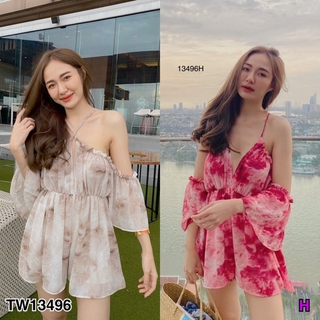 👗Pfashion [ส่งไว!!🚛] P13496 จั๊มสูทสายเดี่ยวเว้าไหล่ ขาสั้น ลายกราฟฟิค