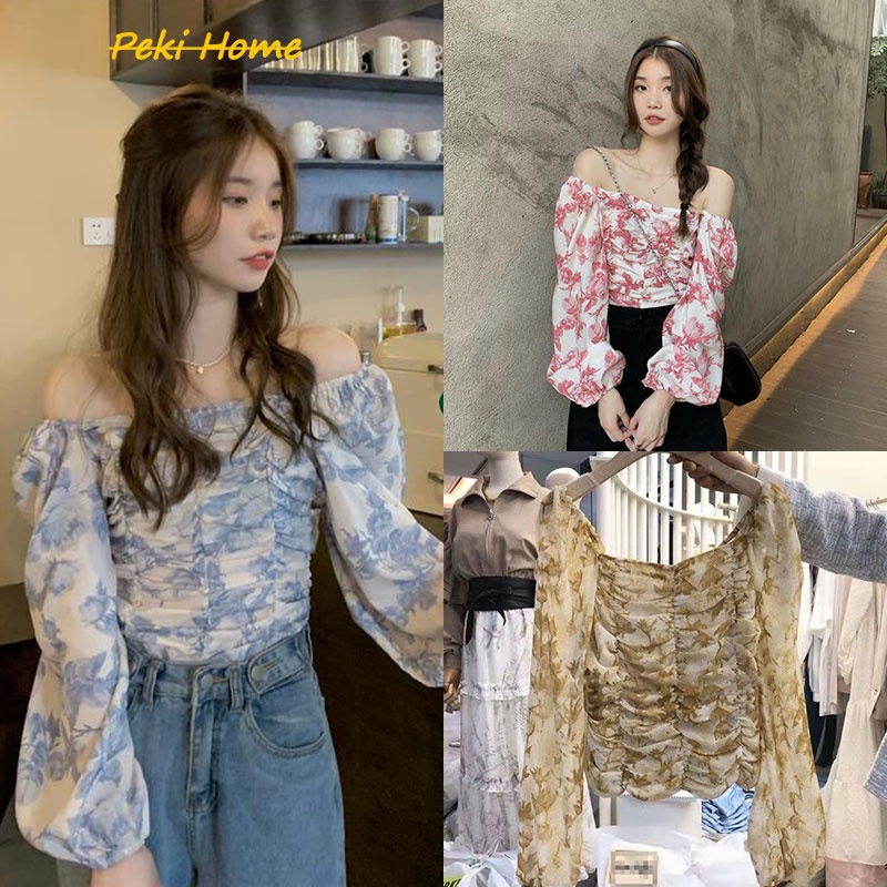 ใหม่!เสื้อชีฟองปาดไหล่สุดน่ารักลายดอกเเขนยาว เสื้อปาดไหล่วัยรุ่นน่ารักสไตล์เกาหลีสีสันสดใส ราคาถูกสุดคุ้มราคาโปรโมชั่น