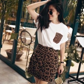 Fifth Season Leopard Pocket Tee &amp; Leopard Skirt 🐆 Made in Korea 🇰🇷 เสื้อยืดแต่งกระเป๋าลายเสือ กระโปรงลายเสือ