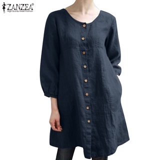 Zanzea เสื้อยืดควอตซ์แขนยาวผ้าฝ้ายสีพื้นสําหรับผู้หญิงสีพื้น