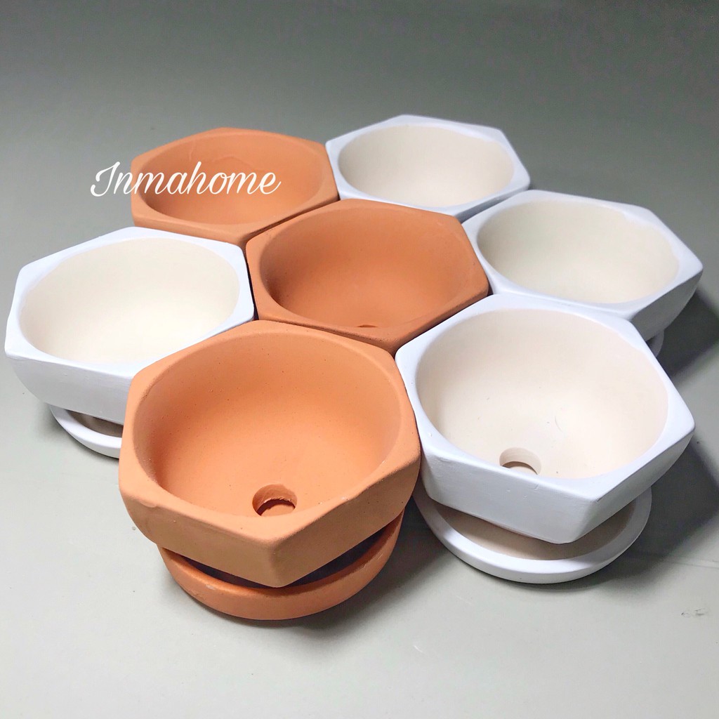 กระถางเซรามิก หกเหลี่ยม รังผึ้ง พร้อมจานรอง l White Flower Pots With Saucer l กระถางต้นไม้ l กระถางแคคตัส