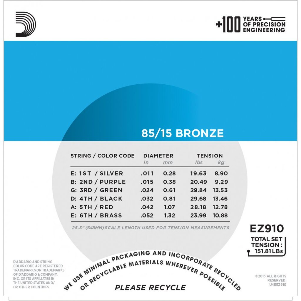 (ของแท้ 100%) สายกีต้าร์โปร่ง D'Addario EZ910 เบอร์ 11 สายกีตาร์โปร่ง เบอร์ 11