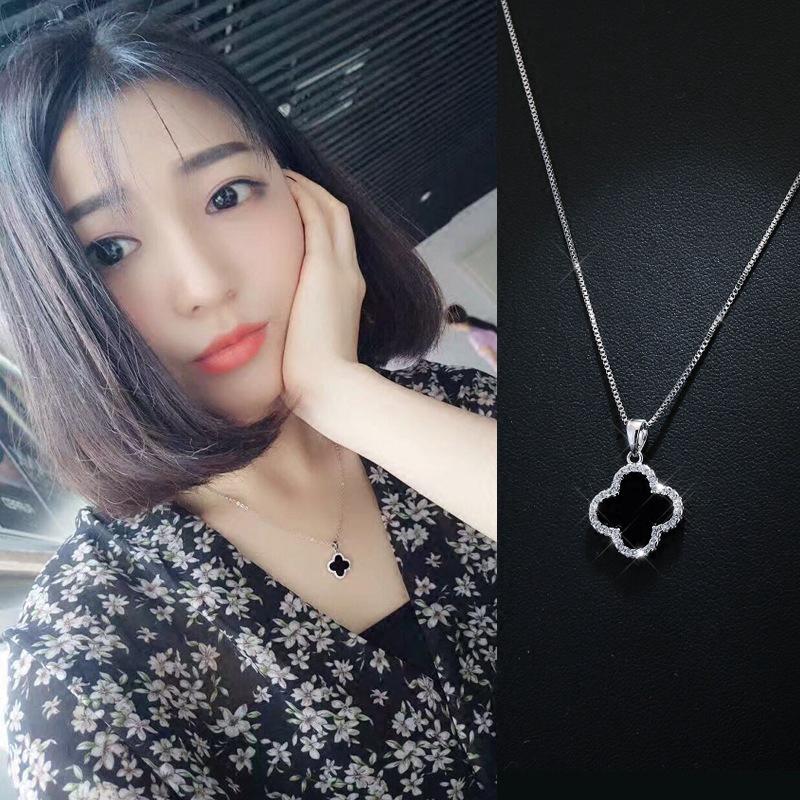 S925 sterling silver clover necklace female black agate with micro drill pendant chain fashion new style jewelry