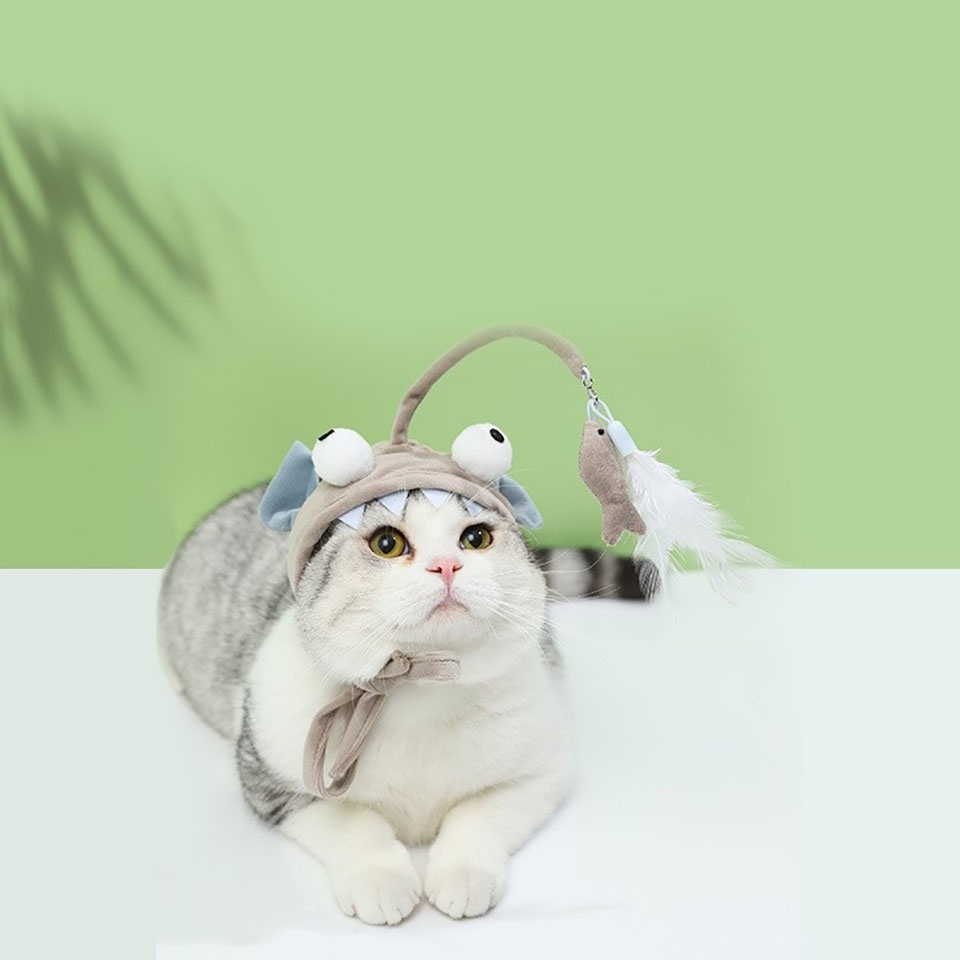 Kitten Fishing Head Wearing Funny Cat Stick Cute Feathers Bait Fishing