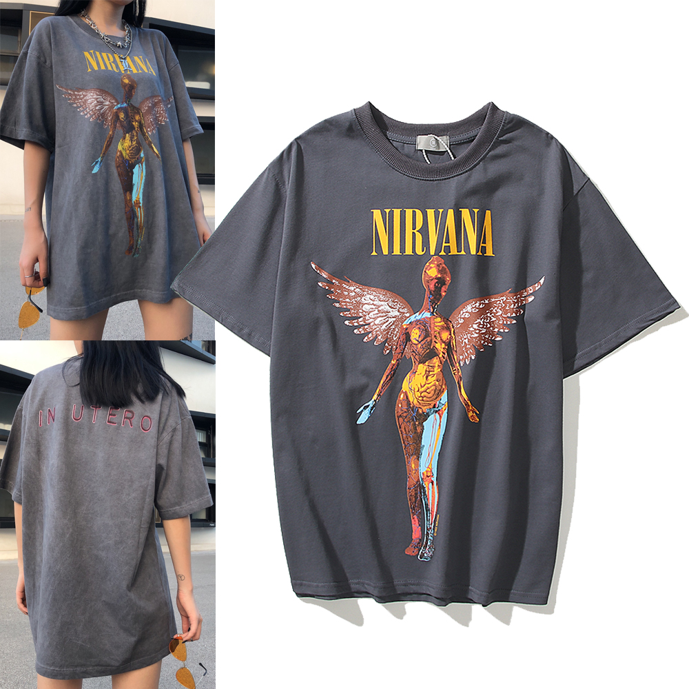พร้อมสต็อกผ้าฝ้ายแท้วง NIRVANA เสื้อยืดแขนสั้นพิมพ์ลายย้อนยุคหลวม