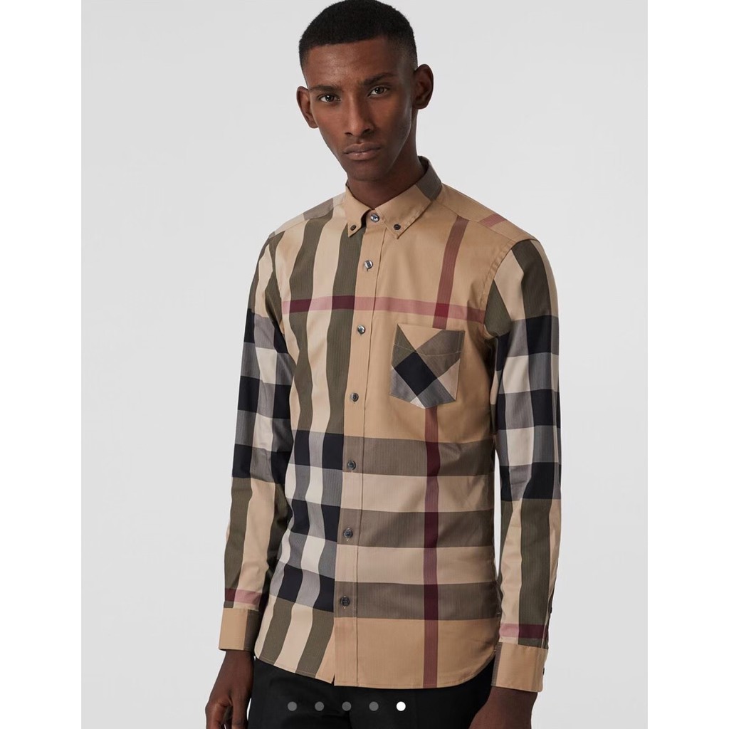 High Quality British Men's Brand burberry Long Sleeve Checkered Business Dress Shirts Cotton Office Plaid Men T-shirts R #0