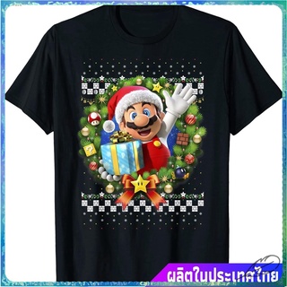 ขายดี เสื้อยืดแขนสั้น Super Mario 3D Christmas Wreath Present Graphic T-Shirt Mens Womens T-shirts