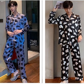 ชุดนอนผู้ชาย ชุดนอนชาย กางเกงนอนผู้ชาย Animal Pattern Silk Long Sleeve Pajama Terno Men Cardigan Satin Pajamas Sleepwear