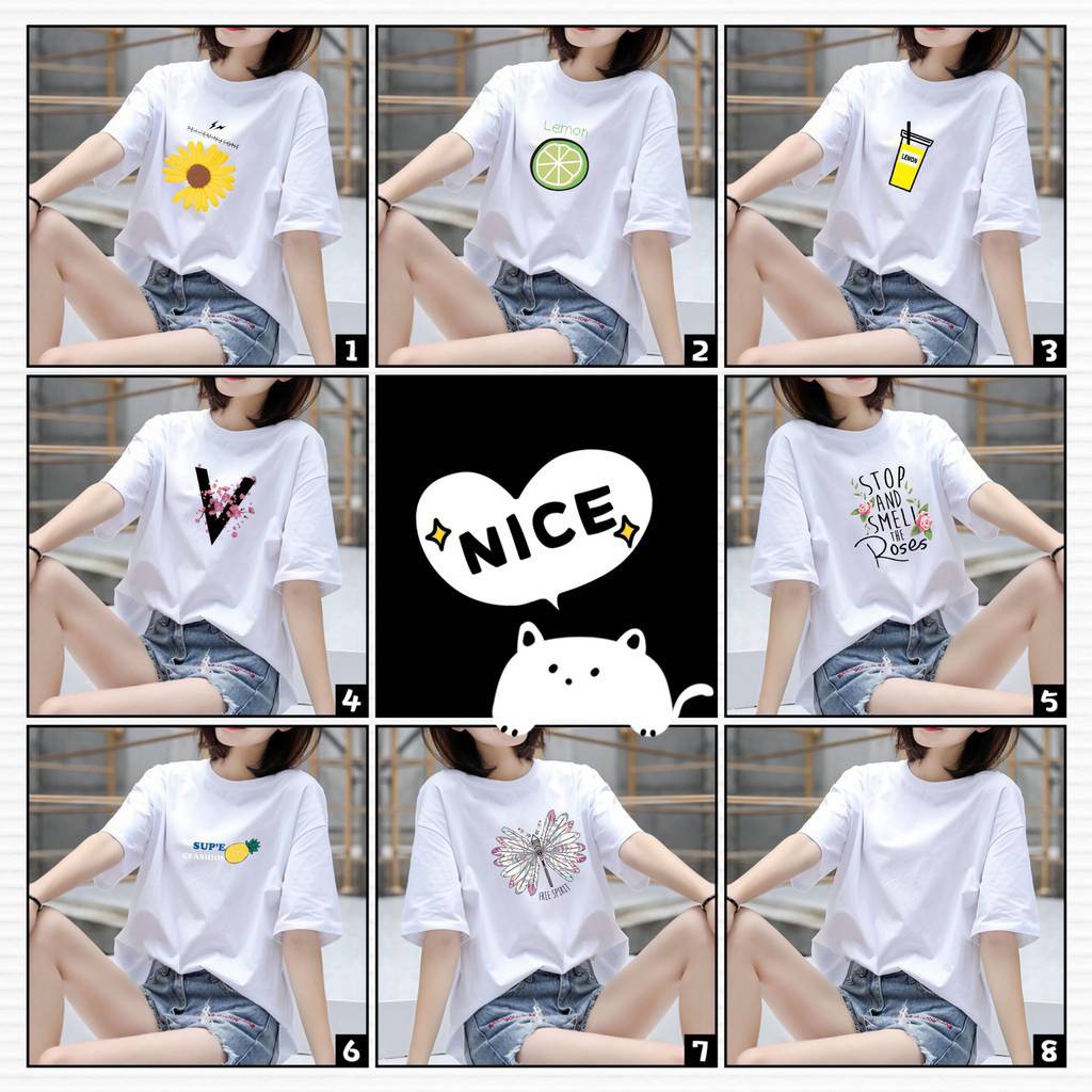 📌ผ้าฝ้าย 100% เสื้อยืดแขนสั้นคอกลมสีขาวทรง oversize  #9018