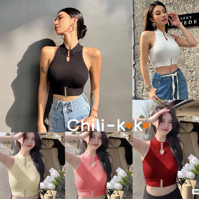 Chili_koko 1886 เสื้อครอปไหมพรมแขนสั้น สไตล์เกาหลี ผอมเพรียว แฟชั่น อ่อนเยาว์