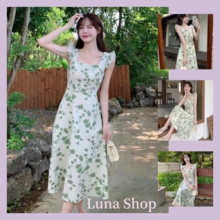 Luna shop🍑เดรส🍄ชุดเดรสสตรีลายดอกไม้สีเขียวบางชุดกระโปรงเอวคอยาวกระโปรงคอเหลี่ยมแขนกุด🚚พร้อมส่งจากกทม มาถึงใน 3-5 วัน