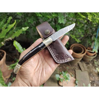 มีดพับ มีดพับดามัสกัส Laguiole (Damascus knife, buffalo horn handle) มีดเดินป่า งาน handmade ด้ามเขาควาย โครงทองเหลือง