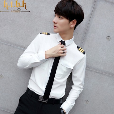 cp216 เสื้อสจ๊วตแขนยาวสีขาวครีม+เนคไทดำ เครื่องแบบนักบิน กัปตัน ยูนิฟอร์มสจ๊วต