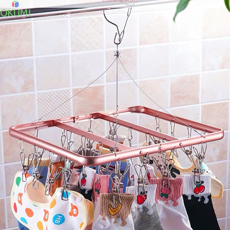 OKUMI_SHOP ที่หนีบผ้า อลูมิเนียม ทรงเหลี่ยม พวงแขวนผ้าสแตนเลส ราวหนีบผ้า 24 ตัวหนีบ