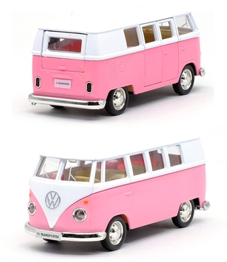 โมเดลรถยนต์เหล็กขนาดเล็ก 1:36 สีชมพู VW T1 Bus-pink