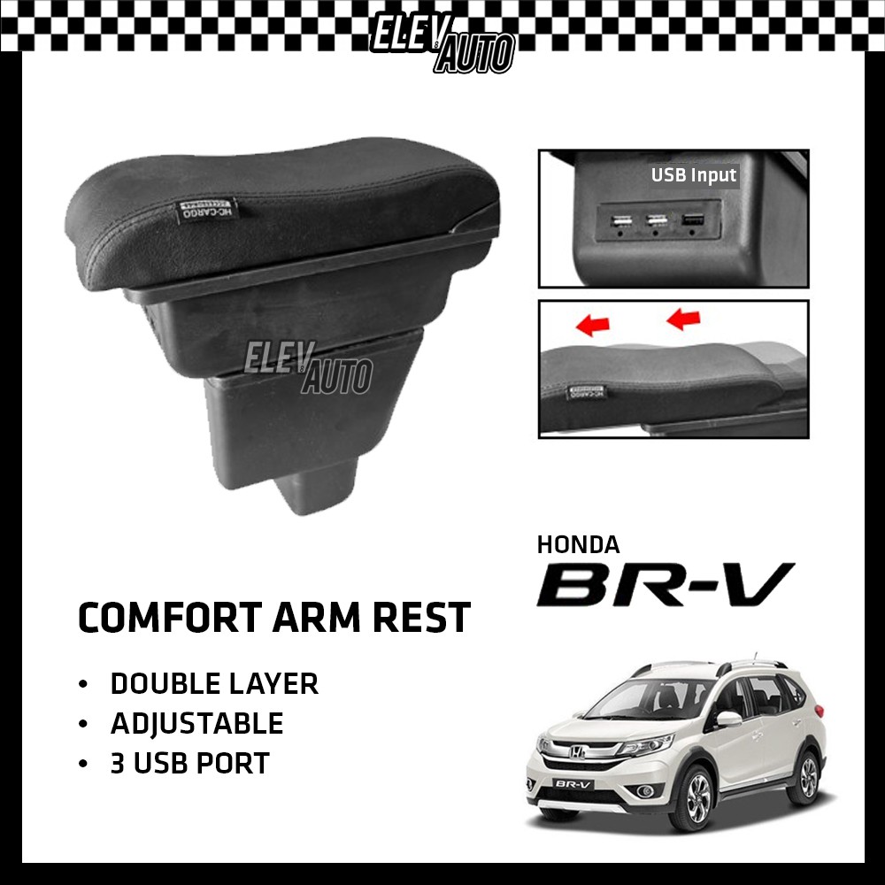 ที่พักแขนหนังพรีเมี่ยม แบบสองชั้น ปรับได้ (3 USB) สําหรับ Honda BR-V BRV