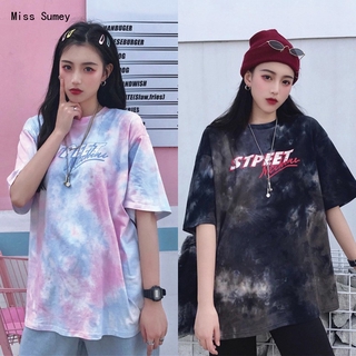 [Misssumey]เสื้อยืดผู้หญิง เสื้อผ้ามัดย้อมสีพาสเทล ทรงวัยรุ่นคอกลมOversize T- shirt ฮิปฮอป เสื้อโอเวอร์ไซส์ เสื้อคู่รัก