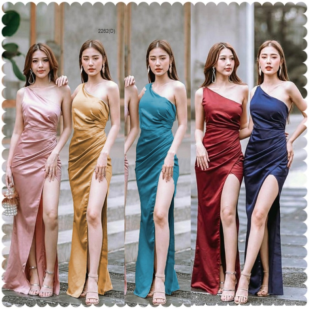 BS2262 เดรสออกงาน ไหล่เบี่ยงเอวจับย่น งานเป็นใส่ซิปเนื้อผ้าซาร่าเนื้อเงา ชายกระโปรงผ่าด้านข้าง งานสุดหรู พร้อมส่ง ขนาด