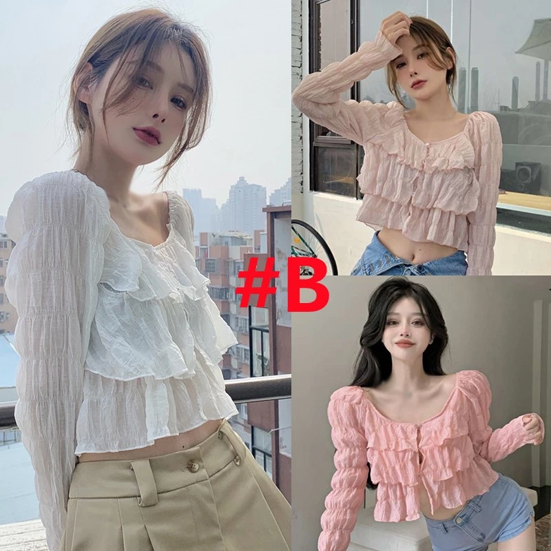 เสื้อครอปเชิ้ตแขนพอง ผ้าชีฟองลายดอกไม้ สไตล์เกาหลี thumbnail 8