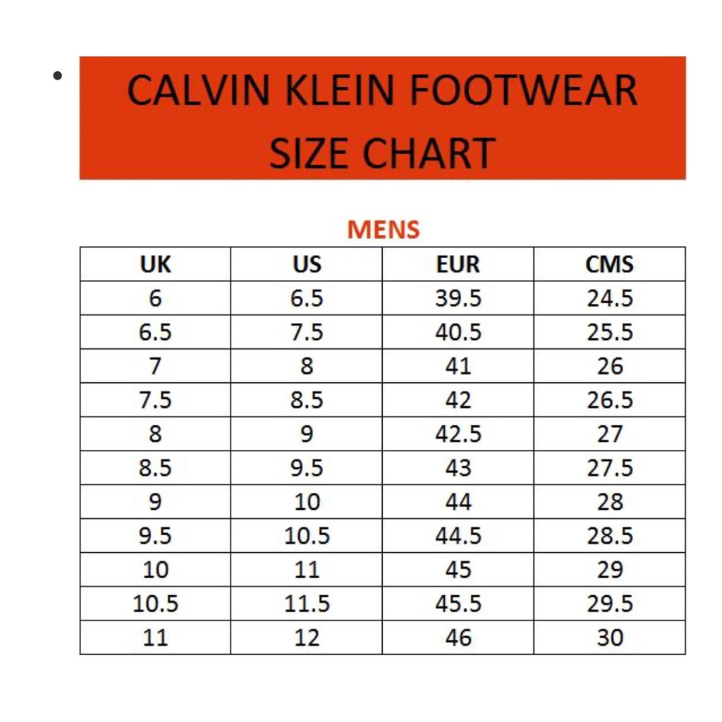 Ck size hot sale chart shoes