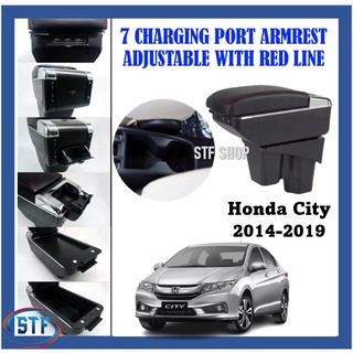 Honda City 2014-2019 ที่พักแขน USB ปรับได้ 7 พอร์ตชาร์จ พร้อมสายสีแดง