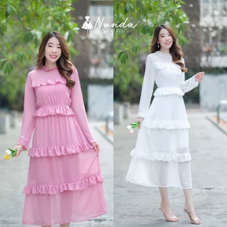 hbstation.shop เสื้อผ้าแฟชั่น Maxi Dress สีขาว ชมพู พร้อมส่ง