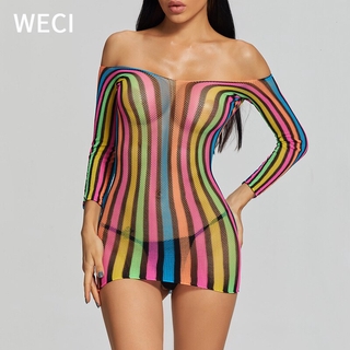 [พร้อมส่ง] Weci ลายทาง ที่มีสีสัน ชุดแปลกใหม่ ชุดชั้นใน แคทสูท ผู้ใหญ่ เซ็กซี่ ตาข่าย ถุงน่อง บอดี้ สําหรับผ้าคลุมหน้า ผู้หญิง ถุงน่อง พิมพ์ลายเสือดาว