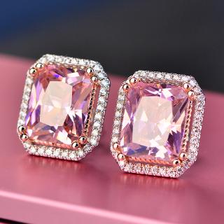 Classic Prinicess Cut Pink Diamond Stud Earrings Square 925 Sterling S925 CZ Ear Studs