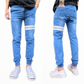 JEANSEXPRESS Jogger LightBlue จ็อกเกอร์ยีนส์สีบลูฟอกซีด ทรงสลิม คาดหนัง ผ้ายืด สวมใส่สบาย Size 28-36 รับชำระปลายทาง