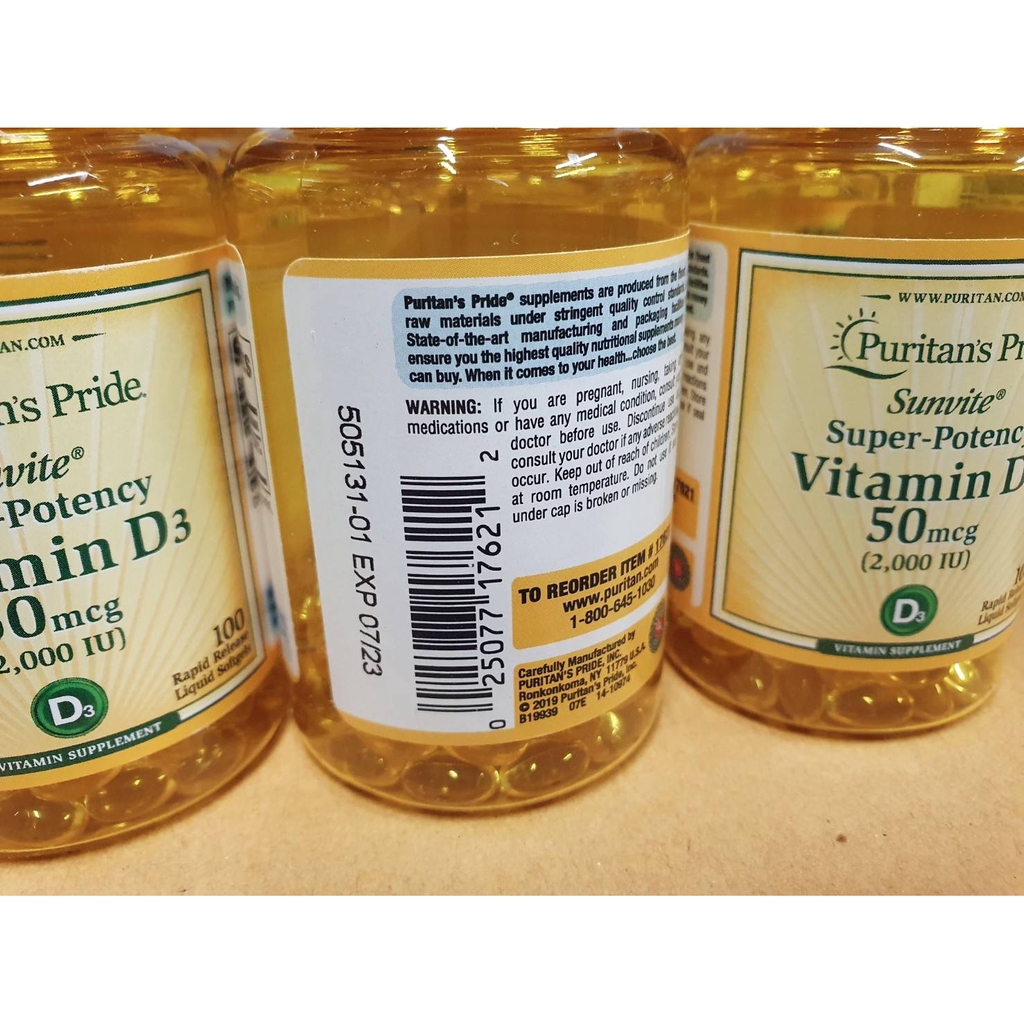 Vitamin D3 50 mcg (2000 IU) 100 softgels วิตามินดี 3 Puritan 2DJd