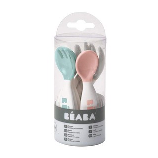 BEABA ชุดช้อนส้อม 10 ชิ้น Set 6 training spoons and 4 training forks for 2nd age ( LIGHT BLUE/LIGHT PINK/GREY)