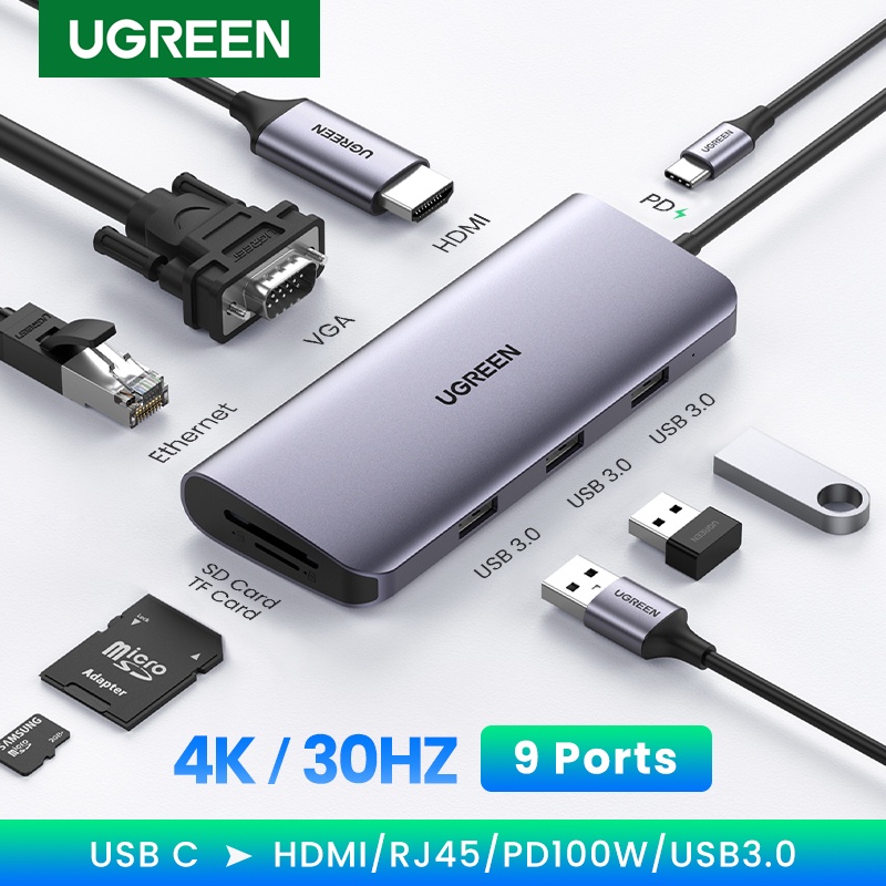 Ugreen อะแดปเตอร์การ์ดรีดเดอร์ USB Type C 4K 30HZ USB-C เป็น HDMI VGA RJ45 PD 9 In 1