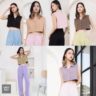 Bestie Top เสื้อครอปแขนกุด คอปก กระดุมมุก สไตล์เบสิค ผ้านิ่ม ระบายอากาศดี