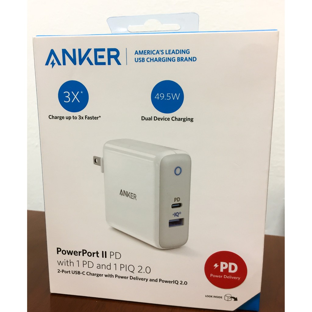 หัวชาร์จเร็ว USB-C Anker PowerPort II PD PIQ2.0 Power Deliver PowerIQ 2.0 49.5W (30W+19.5W) Fast Charging AK65