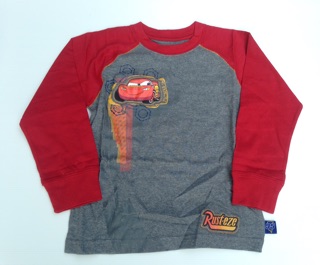 เสื้อยืดเด็กผู้ชาย การ์ตูนเรื่อง Cars แขนยาวสีเทาแขนแดง งานสกรีนผ้าปะรูป Lightning Mcqueen ของ Disney Store