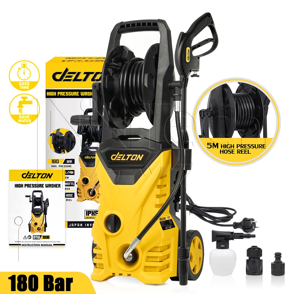 DELTON เครื่องฉีดน้ำแรงดันสูง เครื่องฉีดน้ำ 180 บาร์ 2,600 วัตต์ รุ่นท๊อป! DTW-180B เครื่องใหญ่ มอเต