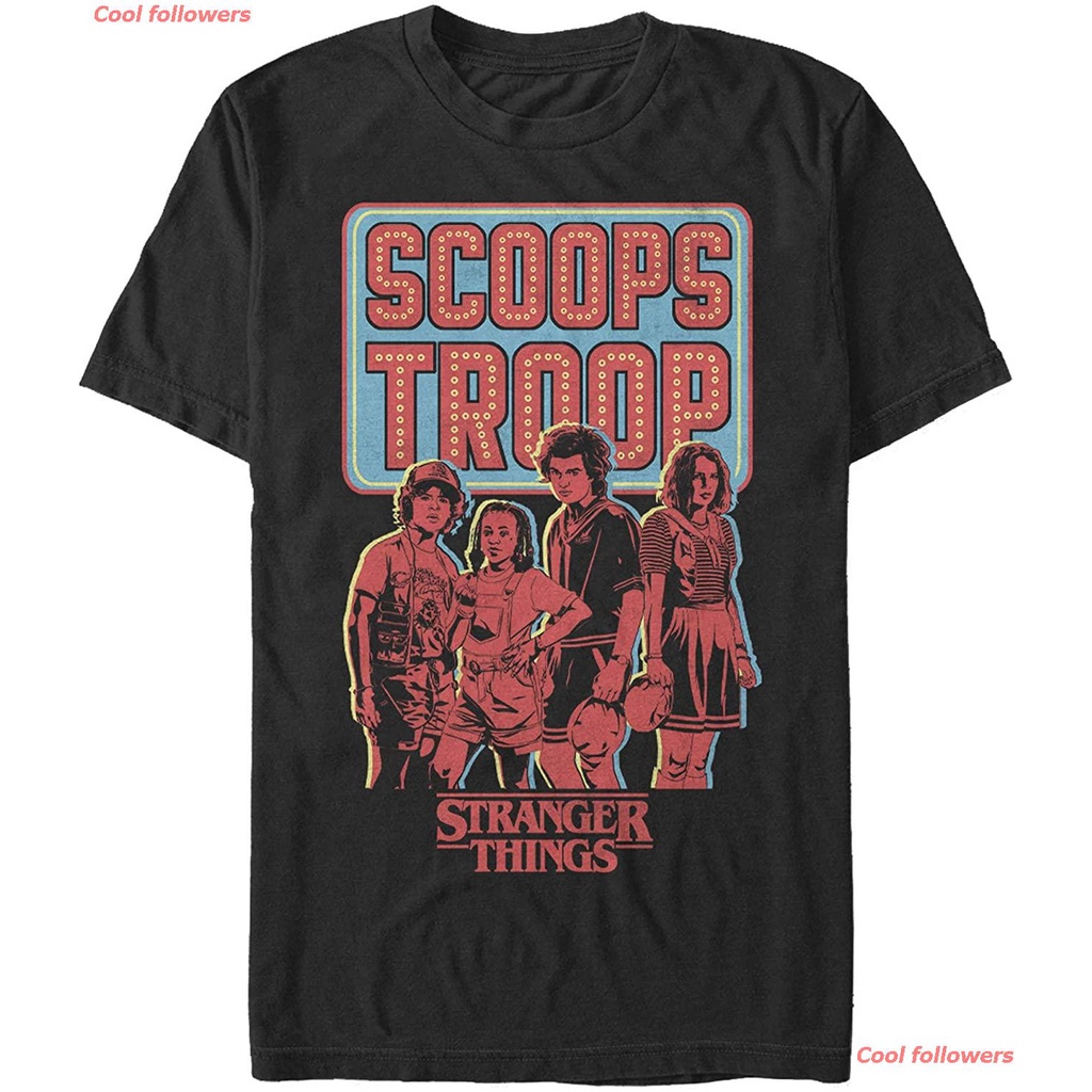 คอลูกเรือเสื้อยืดคอกลมCool followers ผู้ชายและผู้หญิง Stranger Things Men's Scoop Troop T-Shirt saleผ้าฝ้ายแท้