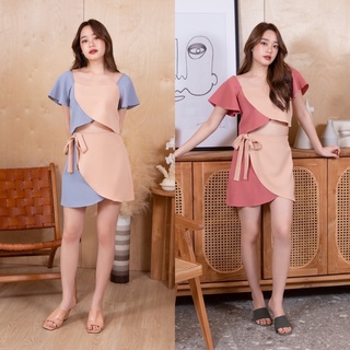 PONI PONI - TWO TONE TIE BOW DRESS SET(สีชมพู/ครีม)(เดรสไปคาเฟ่ ชุดไปคาเฟ่ ทูโทนเดรส )