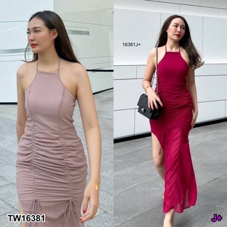 16381 เดรสยาว กระโปรงปรับรูดด้านหน้า ชายกระโปรงผ่าข้าง Long dress, front slit skirt side slit hem